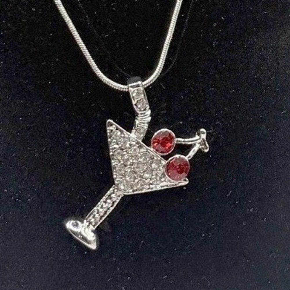 Silver Martini Glass Pendant Necklace 18" Snake Chain 1.25"